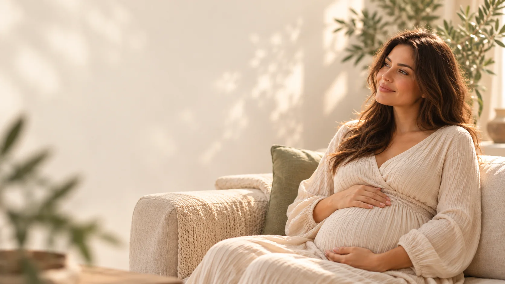 Gestante sentada em um sofá, com as mãos sobre a barriga, em um ambiente acolhedor.